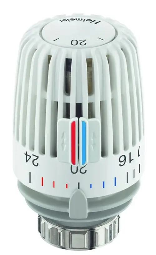 Weißer Thermostatkopf von IMI Hydronic Engineering mit Temperaturwähler und Skala, montiert auf einem Heizkörper, zur Regelung der Raumtemperatur.